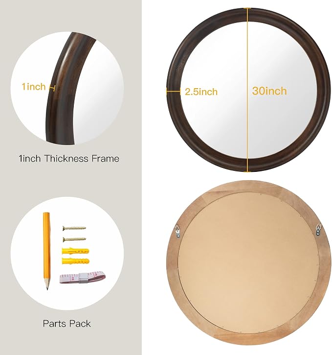 CULER Round Wall Mirrors 30 Inch, Wood Rustic Decorative Transitional Mirror - Image 6