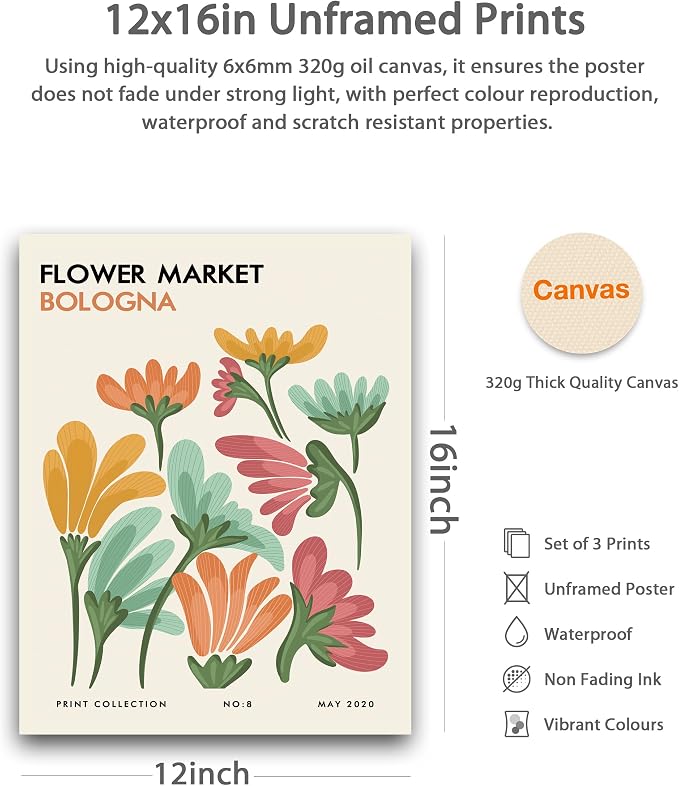 HesenDot Unframed Floral Wall Art Set of 3, 12x16in Flower Market Canvas Prints - Image 2