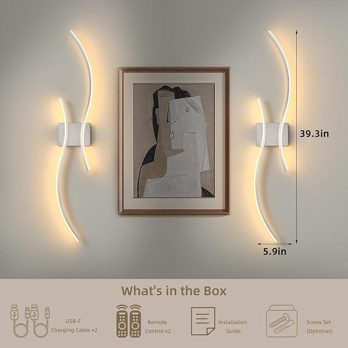 Battery Operated Wall Sconce Set of Two, Dimmable Modern LED Rechargeable Wall - Image 7