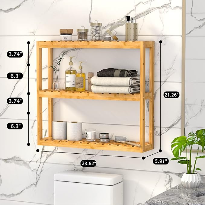 Domax Bamboo Bathroom Shelf 3-Tier Wall Mount Storage Rack Multifunctional - Image 3