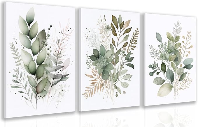 LLEEMPI Framed Sage Green Wall Art Set of 3, Modern Watercolor Botanical Wall by Unknown