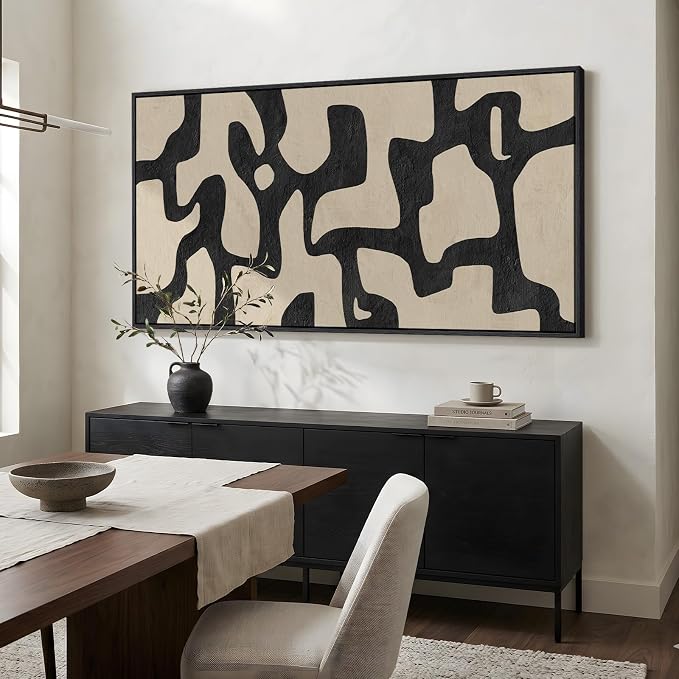 Large Framed Neutral Abstract Wall Art, Vertical Black Beige Geometric Canvas - Image 3