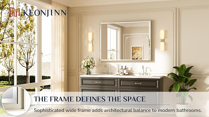 Keonjinn 48" x 36" Brushed Nickel Bathroom Vanity Mirror, Decorative Aluminum - Image 7