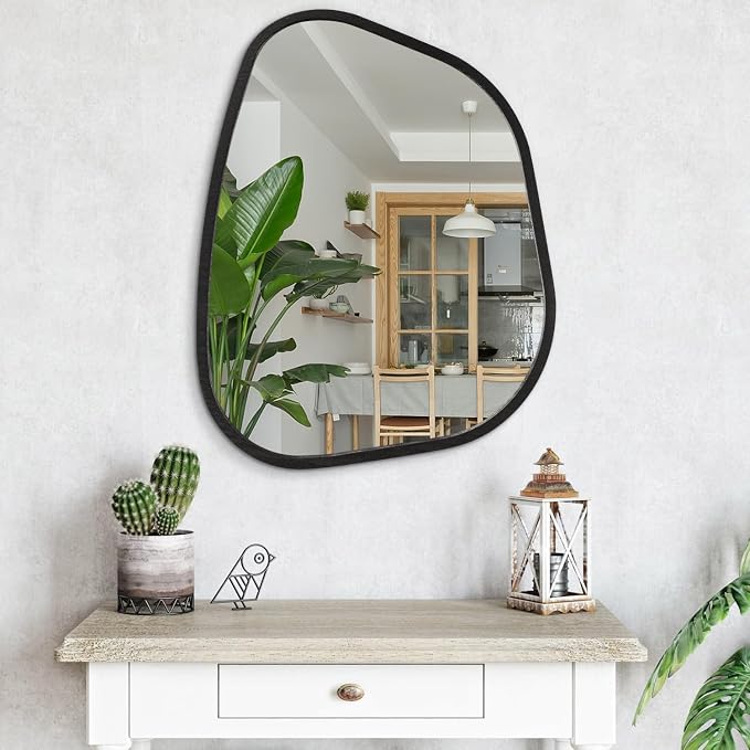 Irregular Bathroom Mirror Modern Oval Wall Mirror Asymmetrical Wooden Framed - Image 4