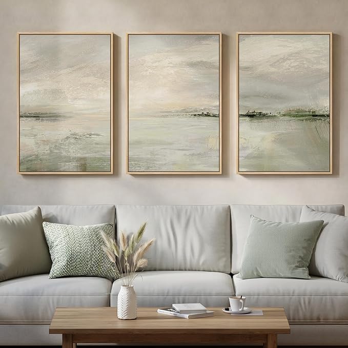 Large Framed Sage Green Abstract Landscape Wall Art, 3 Piece Modern Canvas by Cuspin