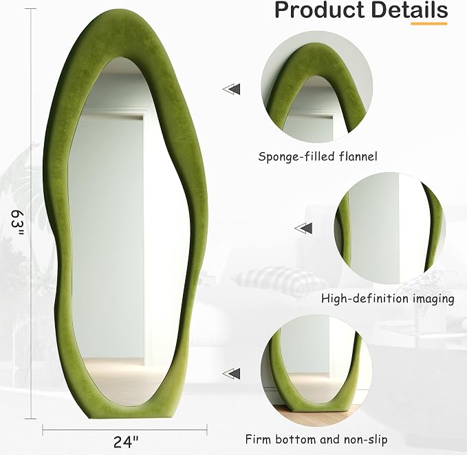 Honyee Full Length Mirror, Flannel Wrapped Wooden Frame Floor Mirror, Irregular - Image 5