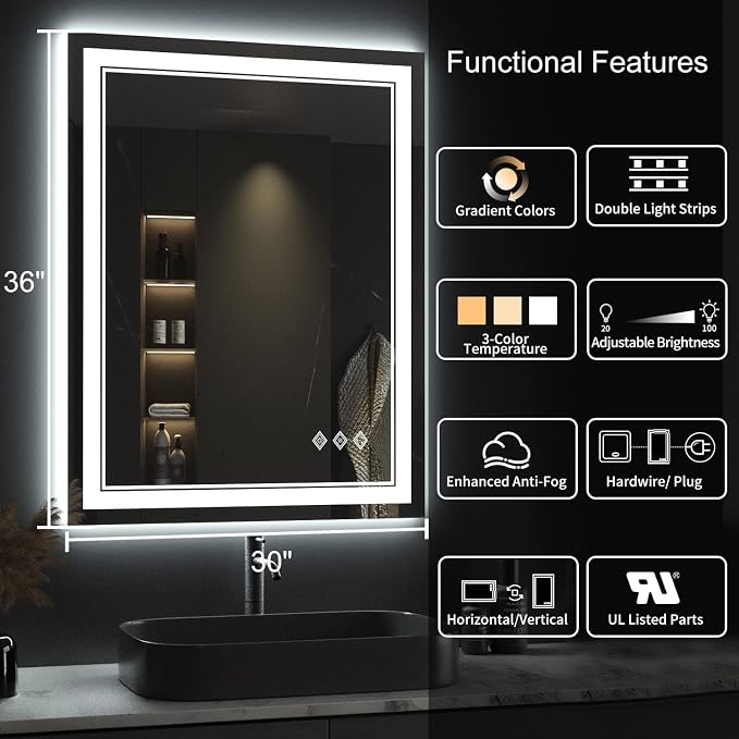 Lighted Mirror, 30x36 Inch Gradient Front and Backlit LED Mirror, 3 Colors - Image 2