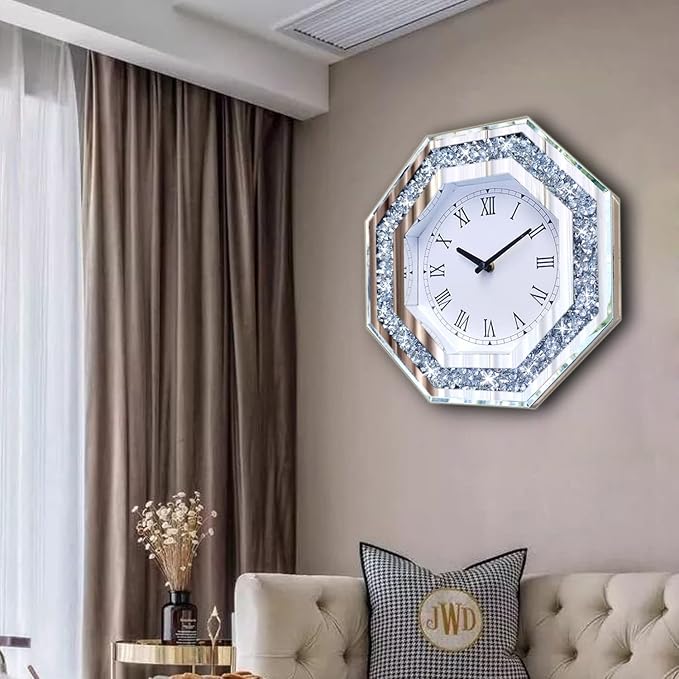 Wall Clock, Octagon Mirror Glass Clock, Cute Diamond 20-inch Non-Ticking Clock - Image 4