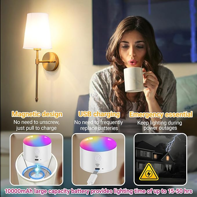 YHCDLAMP Battery Operated Wall Sconces Set of 2, Rechargeable Wireless Wall - Image 4
