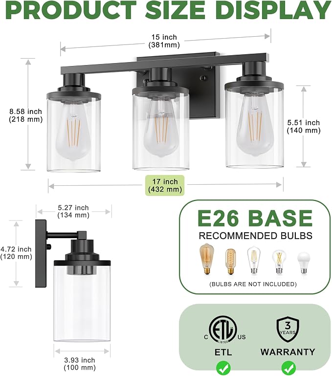 DORESshop 17 Inch Bathroom Light Fixtures, 3-Light Black Bathroom Lighting - Image 6