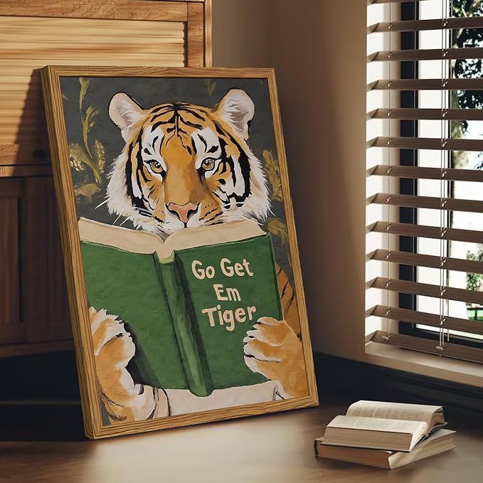Framed Funny Tiger Wall Art, Motivational Animal Reading Wall Decor Paintings - Image 7