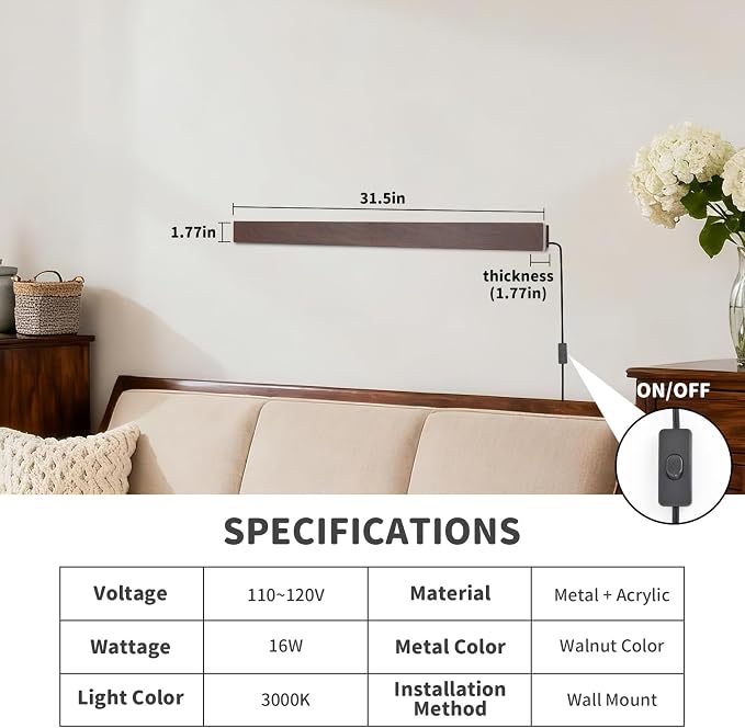 KELUOLY Farmhouse Plug in Long Wall Sconce, 31.4 inch Faux Walnut Finish LED - Image 3