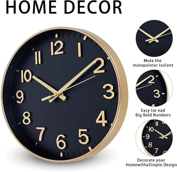 HZDHCLH Wall Clocks Battery Operated, Wall Clock Black Gold, 14 inch Wall Clock - Image 4