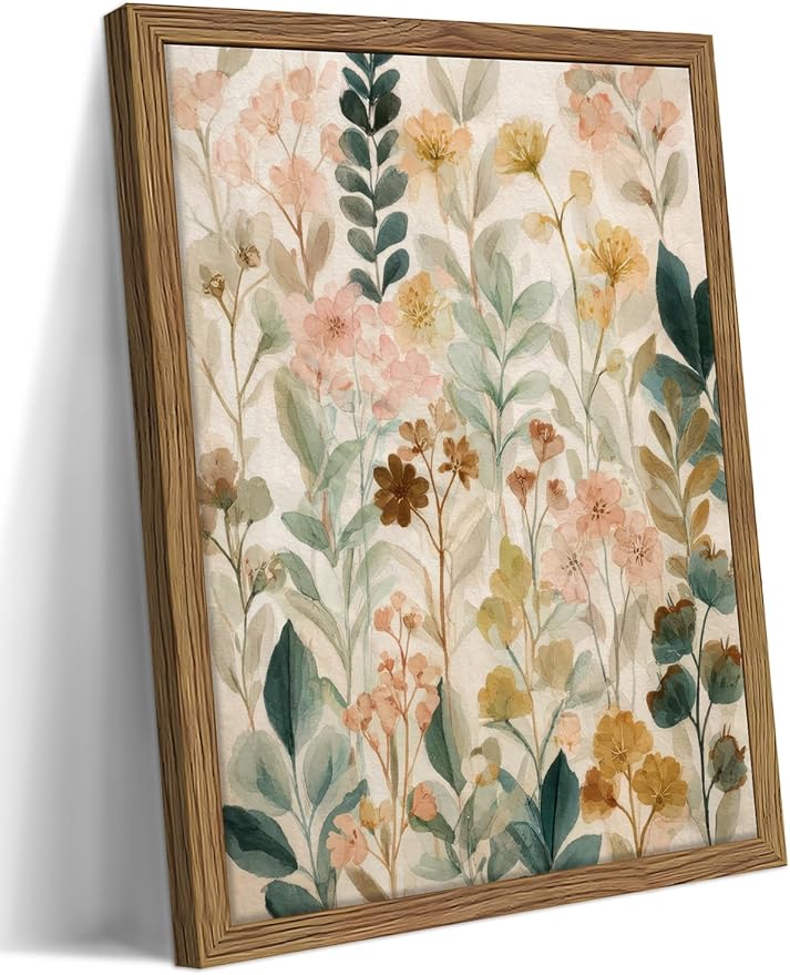 Framed Boho Floral Wall Art, Neutral Botanical Wildflower Canvas Wall Decor by Unknown