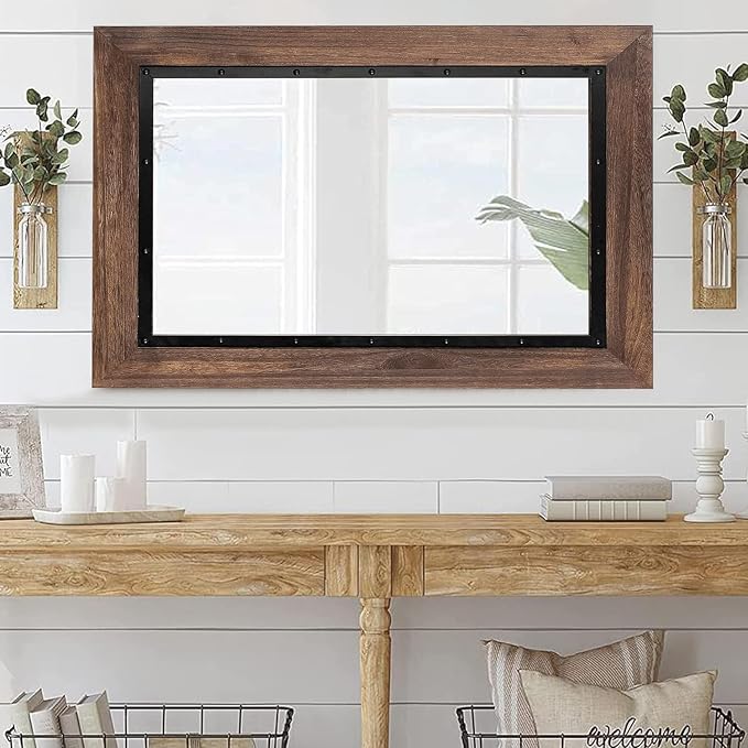 YOSHOOT Rustic Wooden Framed Wall Mirror, Natural Wood and Iron Bathroom Vanity - Image 6