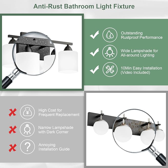 Black Bathroom Lighting Fixtures Over Mirror, 4-Light Anti-Rust Vanity Light - Image 2