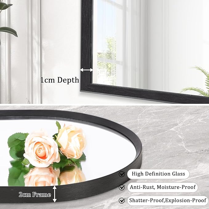 Black Arched Mirror, Modern Bathroom Wall Mirror Aluminum Alloy Framed Mirror - Image 3