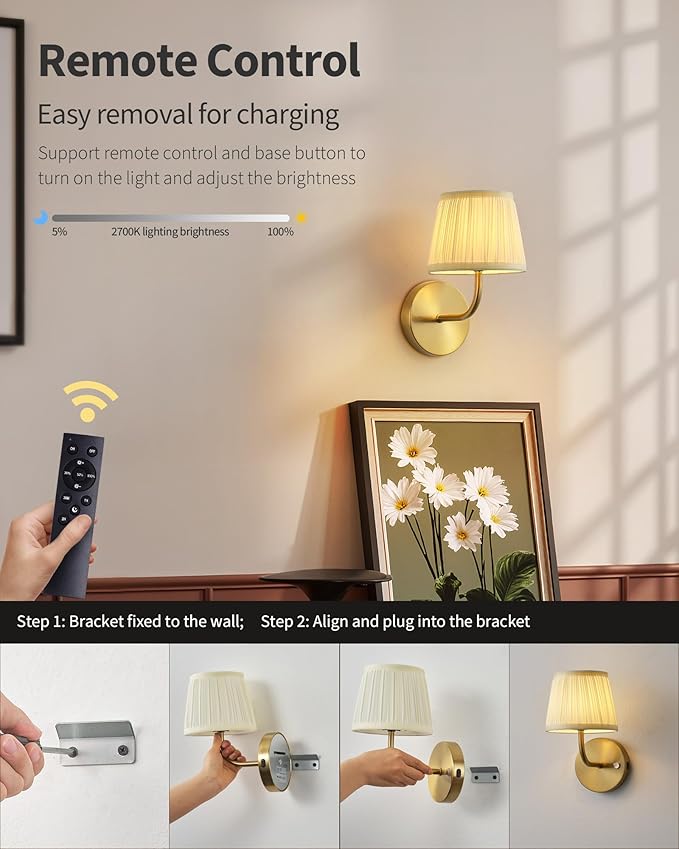 PUSU LED Cordless Gold H9.6 inch Small Wall Sconces Set of 2, Rechargeable - Image 4