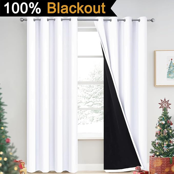 Yakamok Pure White 100% Blackout Curtains, 2 Thick Layers Completely Blackout - Image 2
