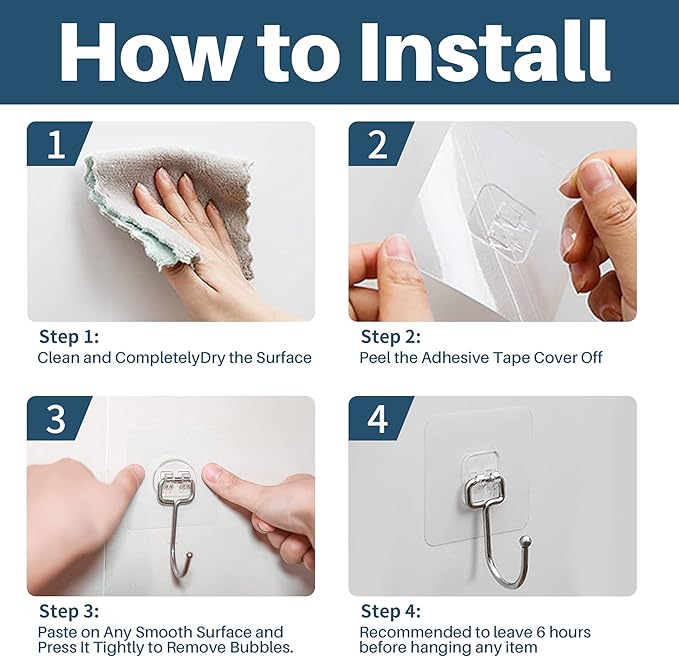 Antimbee 100 Pack Clear Adhesive Hooks, 37lb Heavy Duty Self Adhesive Hooks - Image 6