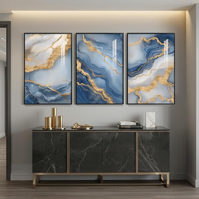 Large Framed Abstract Wall Art for Living Room, Modern Luxury 3 Piece Blue Gold - Image 2