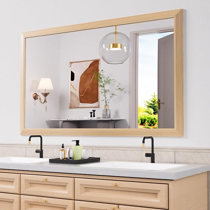 Amorho Bathroom Mirror, 60 X36 Inch Wall Mirror, Oak Wood Grain Metal Framed by Amorho