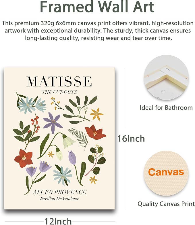 HesenDot 16x12IN Matisse Wall Art, Framed Canvas Bathroom Wall Art Pictures - Image 4