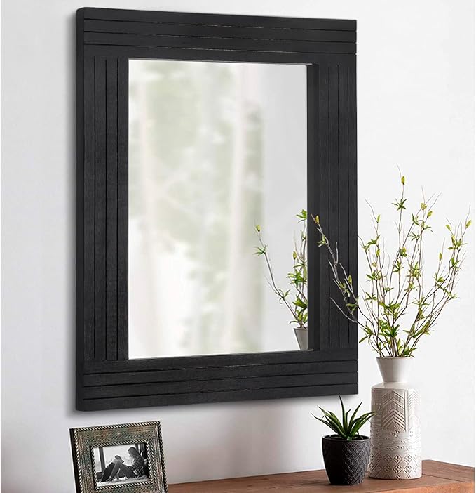 Black Rectangular Vintage Rustic Wood Framed Large Mirror by HLFMVWE