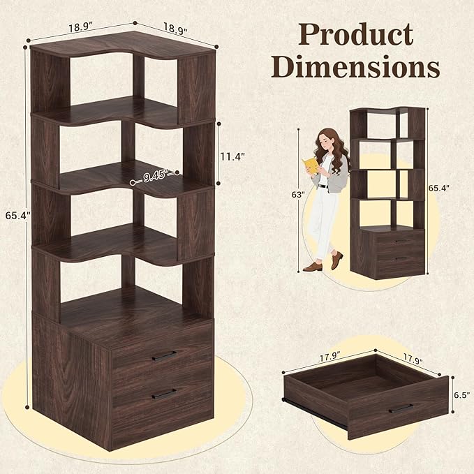 Armocity Corner Bookshelf with Drawers, 7 Tier Corner Book Shelf Display - Image 2