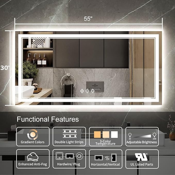 Backlit Bathroom Mirror, 55x30 Inch Gradient Front and Backlit Mirror, 3 Colors - Image 2