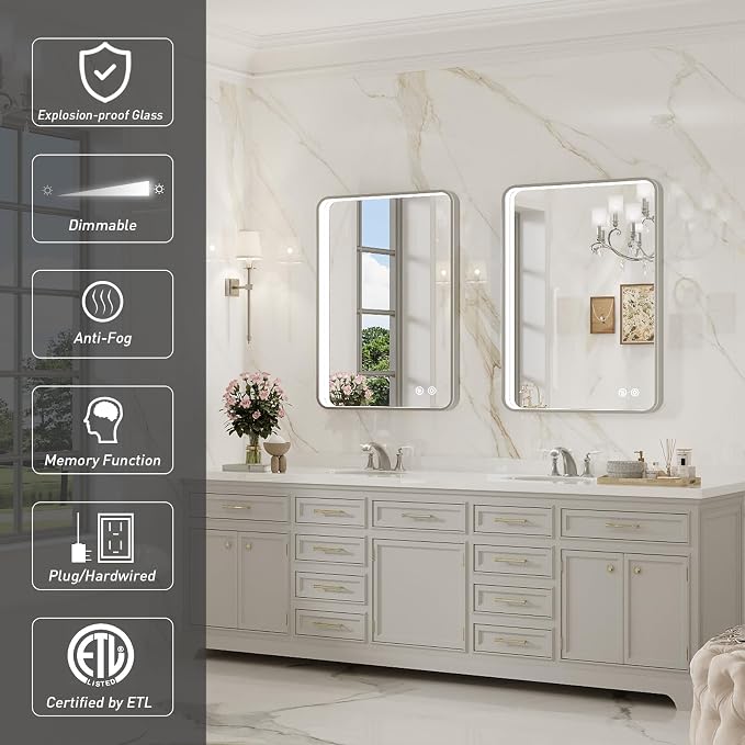 LED Bathroom Mirror with Lights, 24x32 Inch Brushed Silver Framed Lighted - Image 2