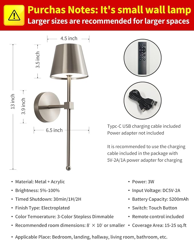 KDG Cordless Wall Sconces Set of 2, Wireless 5200mAh Rechargeable Battery LED - Image 5