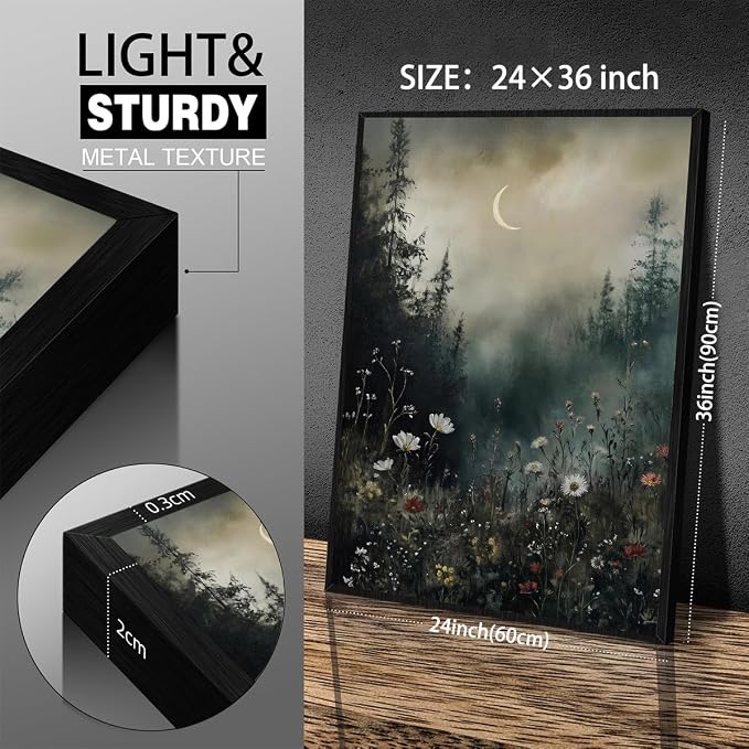 Dark Flower Field Poster Vintage Moody Academia Wall Art 24X36 inch Black - Image 2