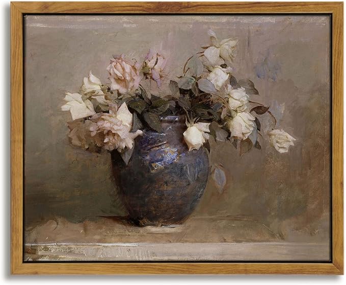 InSimSea Framed Canvas Print, Roses in Vase Classical Oil Paintings by InSimSeaArt