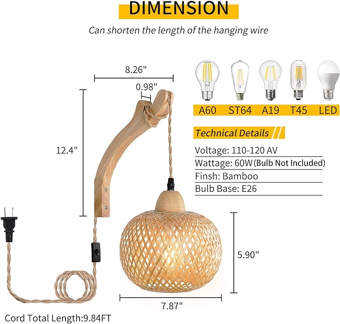 Frideko Bamboo Lantern Plug in Wall Sconces Wicker Wall Lamp - Image 4