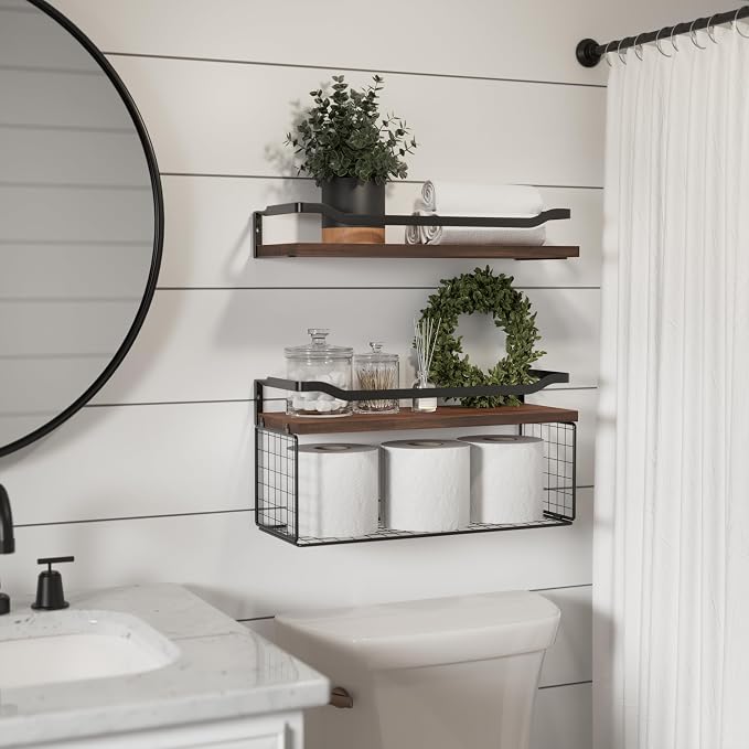 WOPITUES Floating Shelves with Wire Storage Basket, Bathroom Shelves Over - Image 5