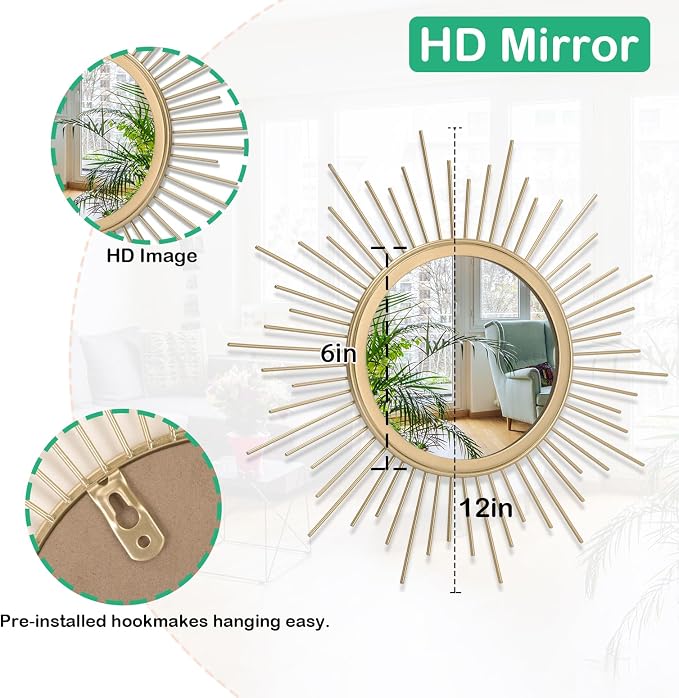 Gold Mirrors for Wall Sunburst Decor Art Mirror Bohemian Home Round Modern - Image 7