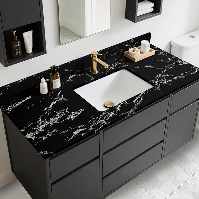 practicalWs Glossy Marble Wall Paper Granite Black/Grey Kitchen Countertop - Image 4