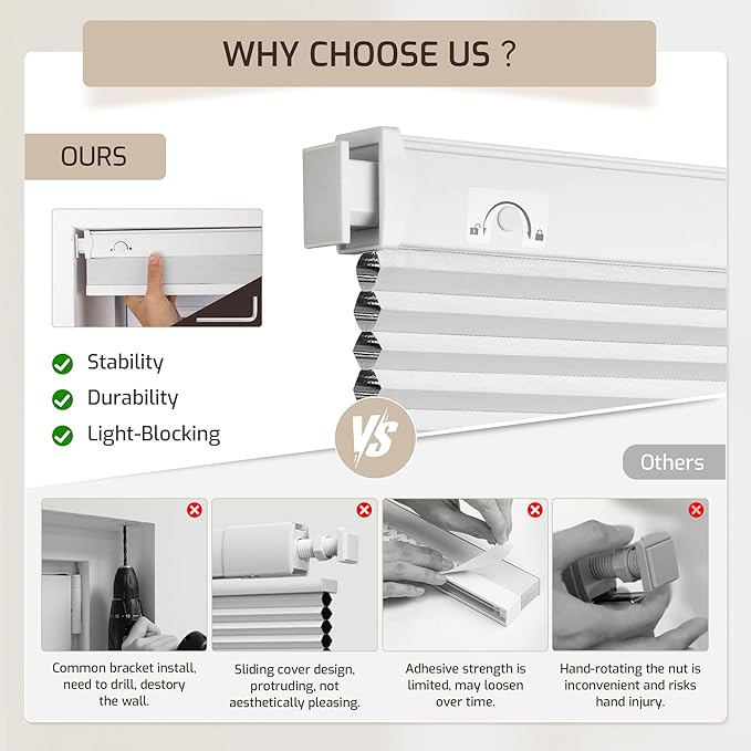 Grandekor No Tools No Drill Cordless Cellular Shades, 28.5" W × 64" H, UV - Image 5