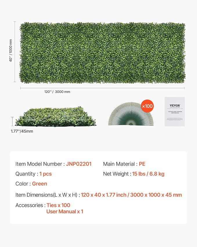 VEVOR Artificial Grass Wall Panels, 40 x 120 inch, Milan Grass Greenery Boxwood - Image 7