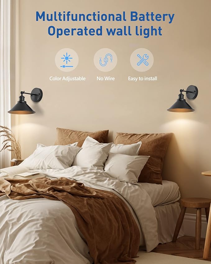 Bailoch Black Vintage Wireless Battery Operated Wall Sconces, Industrial - Image 6