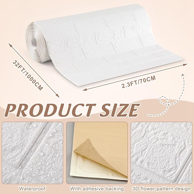 Hahafelt 1 Pcs 32 x 2.3 ft 3D Wall Panel, Faux Brick Wall Panel White Peel and - Image 2