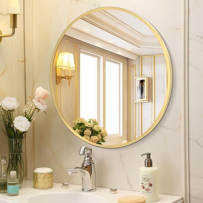 HARRITPURE 24 Inch Round Mirror, Modern Aluminum Alloy Frame Wall Mounted - Image 9