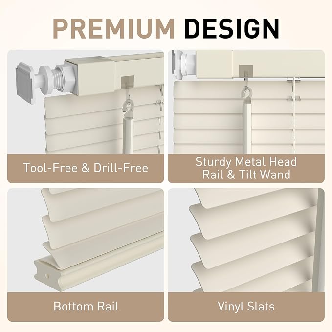 No Drill No Tool 1" Vinyl Mini Blinds, Light Filtering Horizontal Window Blinds - Image 2