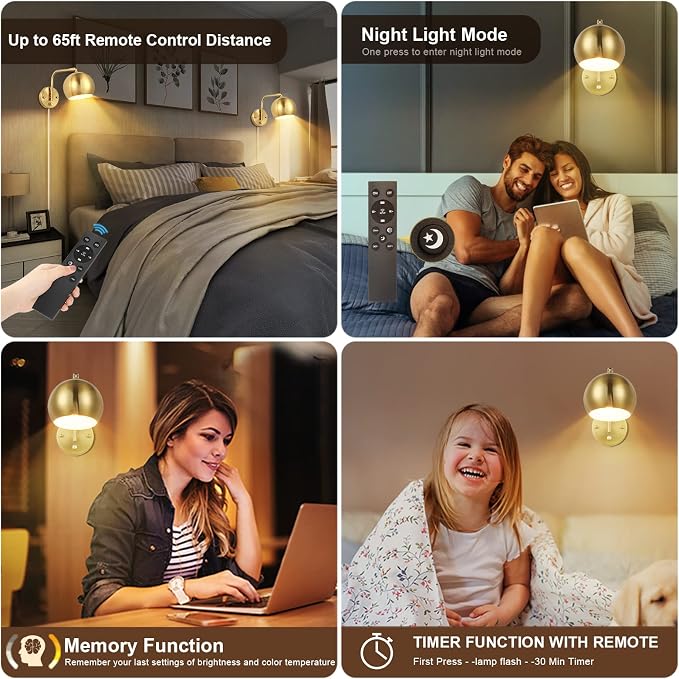 VATONI Wall Sconce with Remote Control, Plug in Wall Sconces Dimming 0-100% and - Image 3