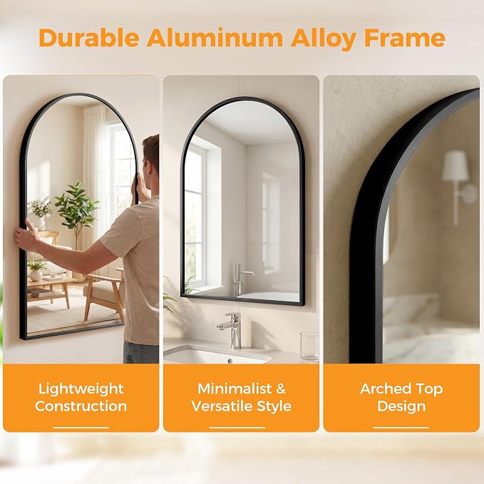 OLIXIS 24x36 Inch Arched Black Bathroom Mirror - Image 3