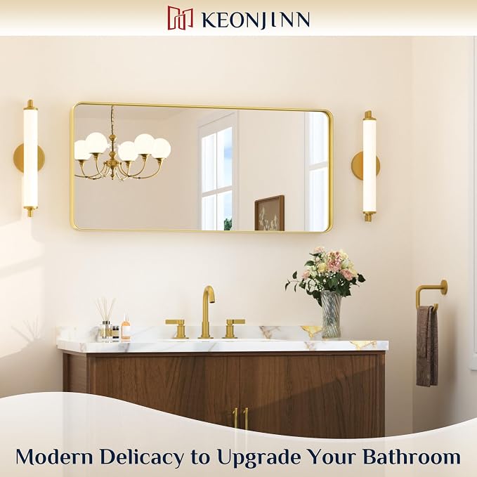 Keonjinn Gold Bathroom Mirrors for Wall 42” x 20” Large Rounded Rectangle Gold - Image 2