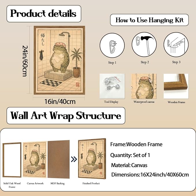 Funny Japanese Frog Bathroom Wall Art Whimsical Frog Shower Wall Decor 16x24 - Image 3