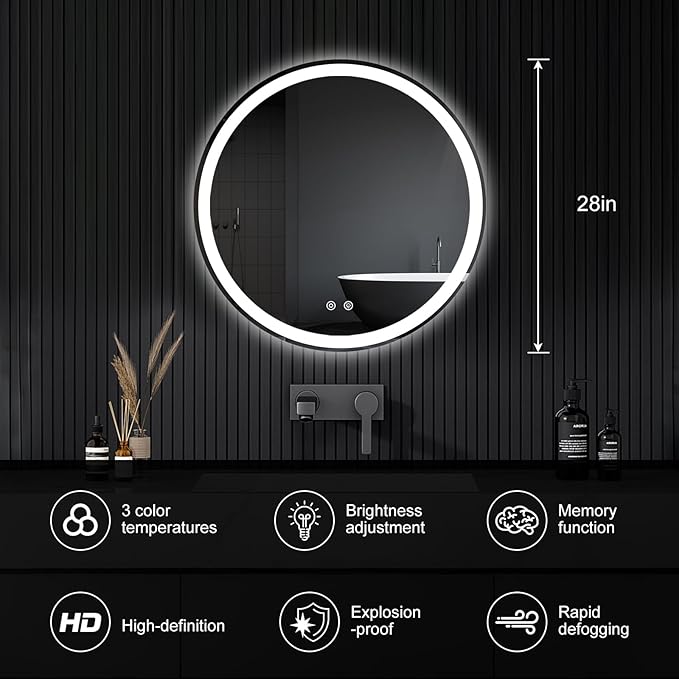 DUMOS 28 Inch Round LED Bathroom Mirror - Image 3