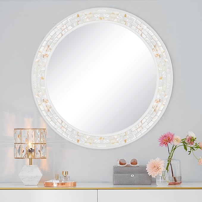 Large Round Mirror 36 Inch, Natural Mother of Pearl Inlay Mosaic Frame Circle - Image 5